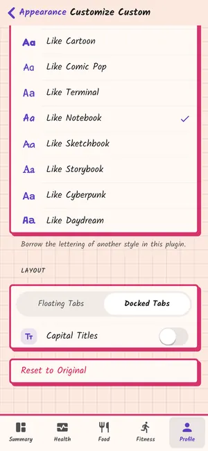 Font choices, floating or docked tabs, and capital titles