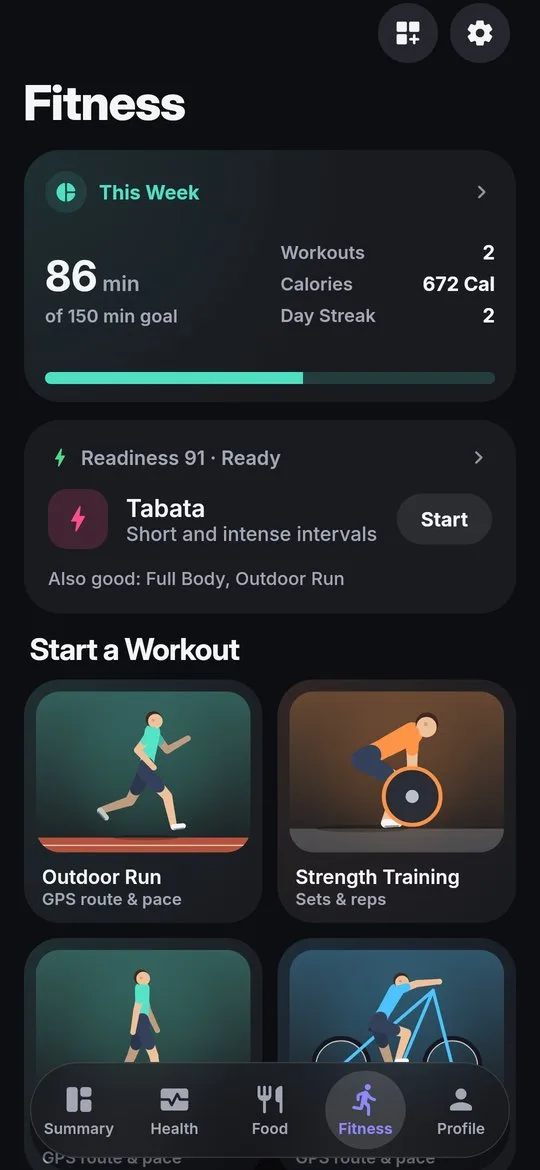 Fitness tab with this week's workouts and a suggested workout