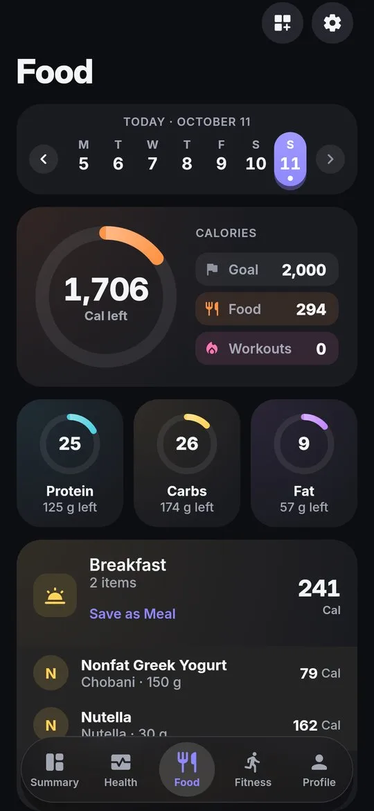 Food diary with calories left and logged meals