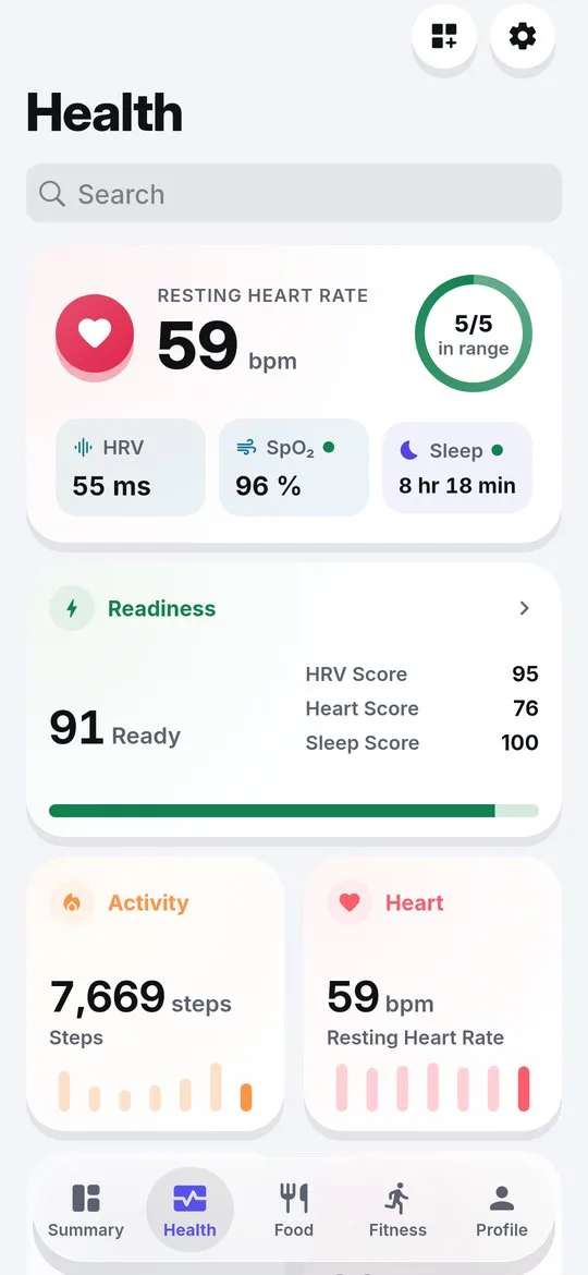 Health tab with resting heart rate, readiness and activity